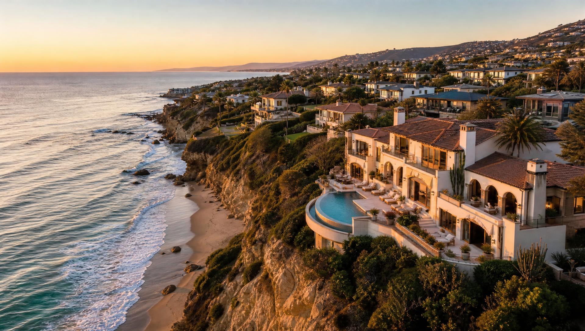 Aerial view of luxury homes along the Crystal Cove coastline at golden hour